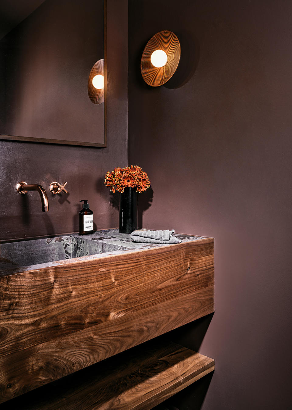 modern bathroom with walnut vanity unit