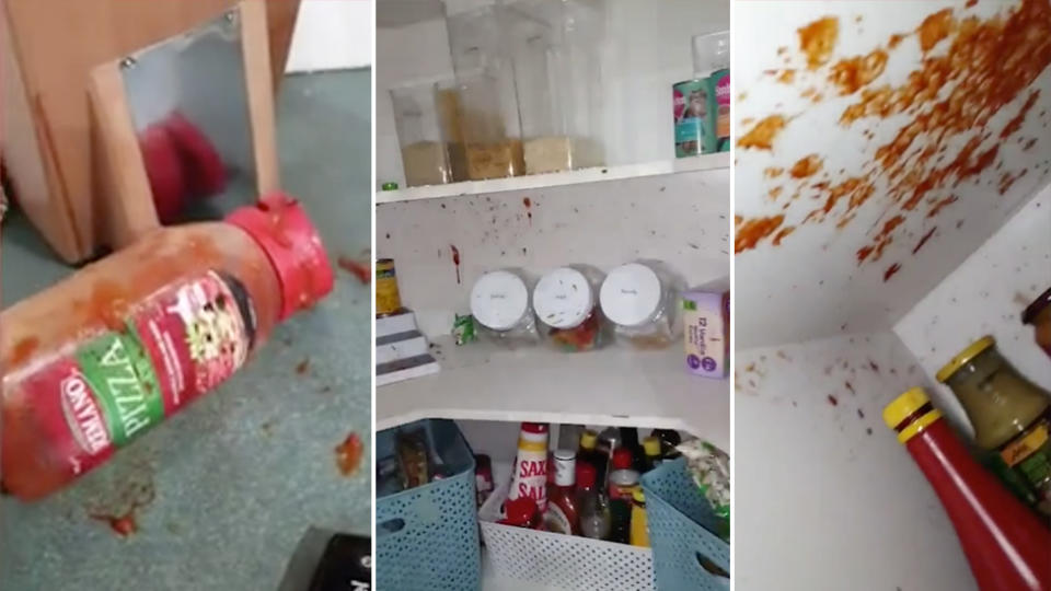 Stills from a video taken by a mum whose bottle of ALDI pizza sauce exploded in her pantry.