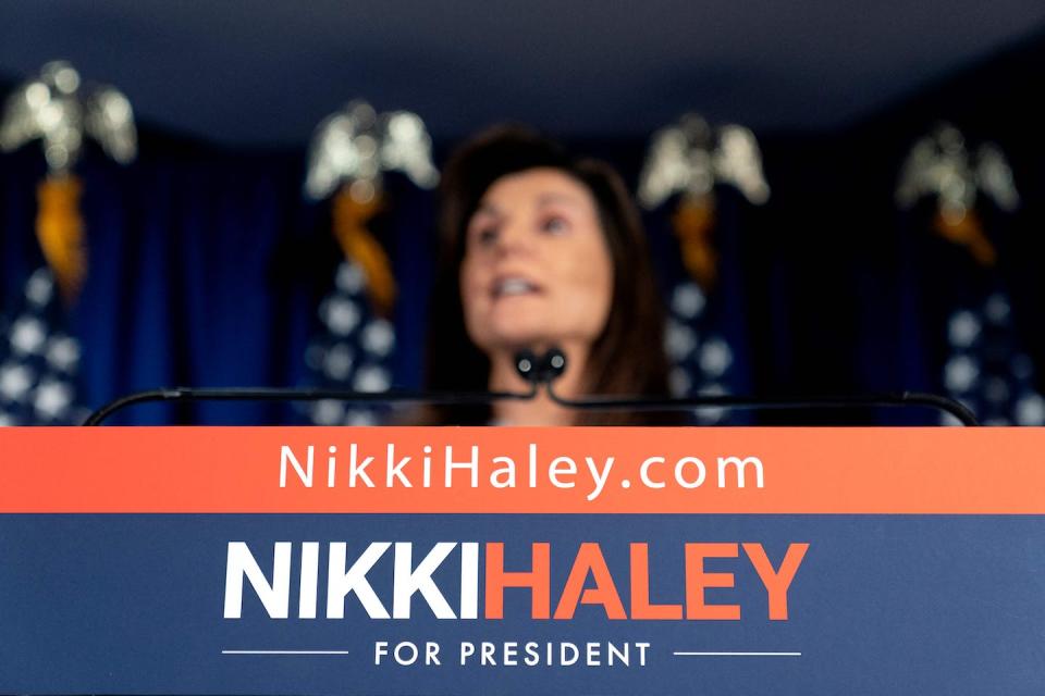 Republican presidential hopeful Nikki Haley speaks on abortion in Virginia on April 25, 2023. <a href="https://www.gettyimages.com/detail/news-photo/republican-presidential-hopeful-nikki-haley-speaks-on-news-photo/1252167577?adppopup=true" rel="nofollow noopener" target="_blank" data-ylk="slk:Stefani ReynoldsAFP via Getty Images;elm:context_link;itc:0;sec:content-canvas" class="link ">Stefani ReynoldsAFP via Getty Images</a>