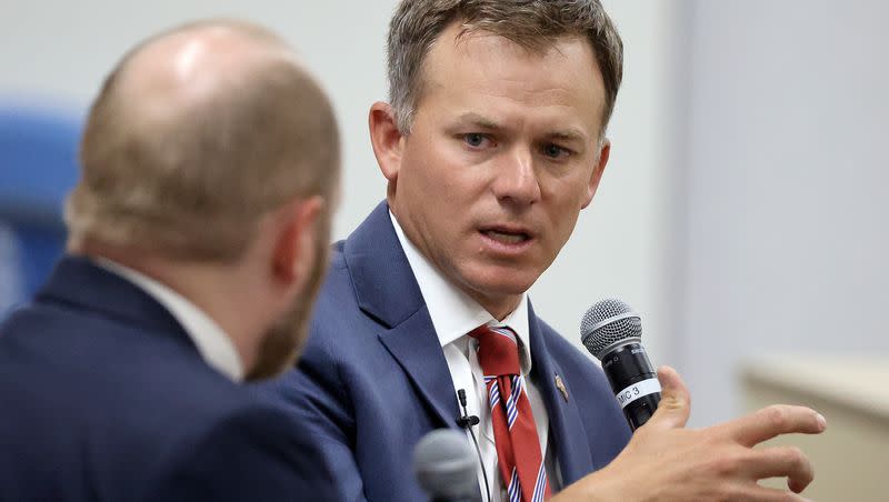 Rep. Blake Moore, R-Utah, speaks at Sutherland Institute’s 2023 Congressional Series at the Olene S. Walker Institute of Politics and Public Service at Weber State University in Ogden on Aug. 29, 2023. 