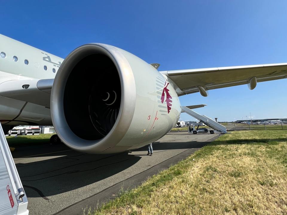 A close up of a Rolls Royce Trent XWB-97 engine on a Qatar Airways Airbus A350-1000 at the 2023 Paris Air Show