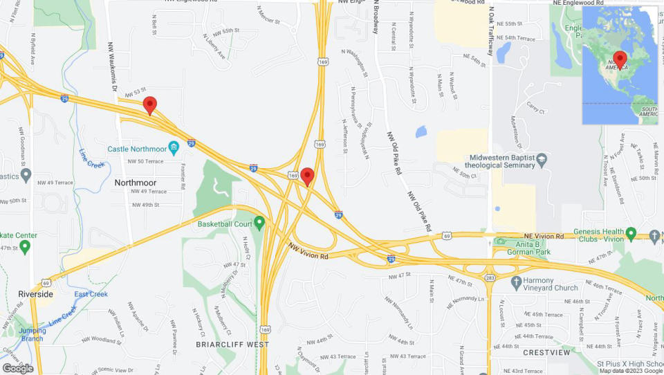 A detailed map that shows the affected road due to 'Crash reported on northbound I-29 in Kansas City' on December 29th at 6:08 p.m.