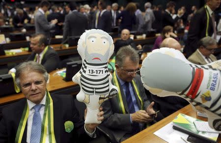 Opposition congressmen hold inflatable dolls known as "Pixuleco" of Brazil's former president Luiz Inacio Lula da Silva during the session of the impeachment committee of Brazil's President Dilma Rousseff in Brasilia, Brazil, April 6, 2016. REUTERS/Adriano Machado