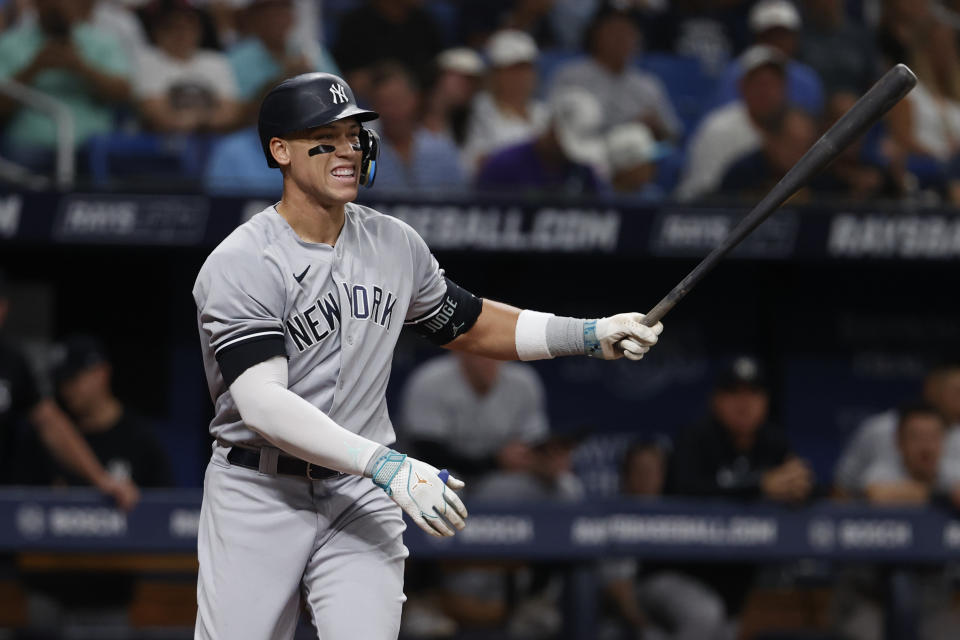 New York Yankees' Aaron Judge reacts after striking out against the Tampa Bay Rays during the fifth inning of a baseball game Friday, Aug. 25, 2023, in St. Petersburg, Fla. (AP Photo/Scott Audette)