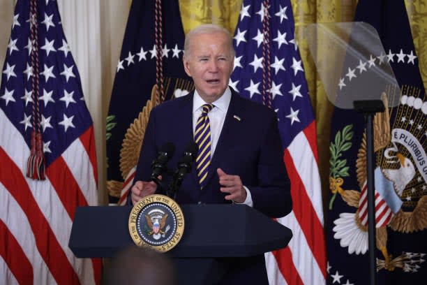 Joe Biden speaks during a Black History Month reception at the East Room of the White House on 6 February 2024 (Getty Images)