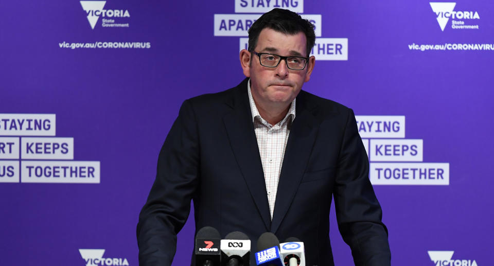 Victorian Premier Daniel Andrews speaks to reporters. 