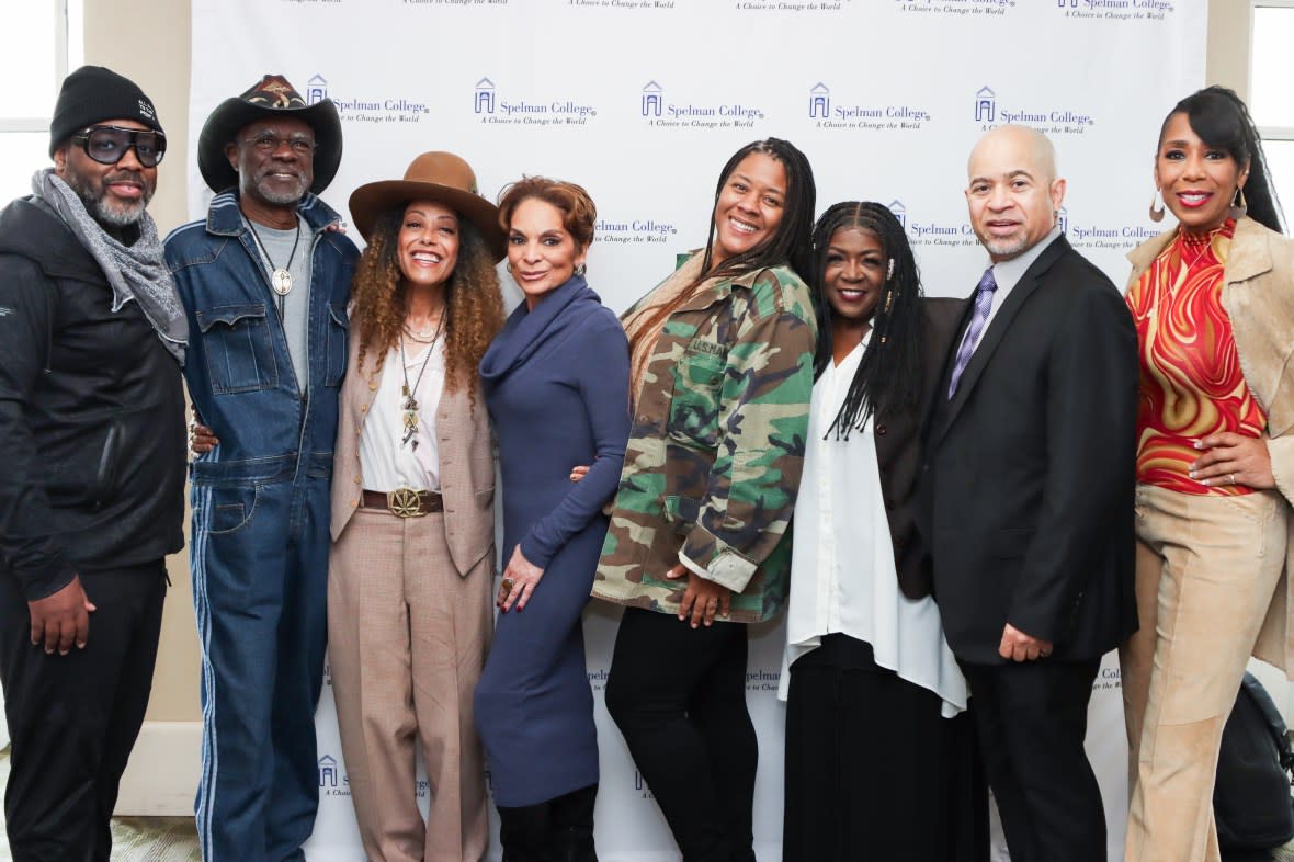 ATLANTA, GEORGIA - FEBRUARY 29: (L-R) Kadeem Hardison, Glynn Turman, Cree Summer, Jasmine Guy, Guest, Charnele Brown, Darryl M. Bell and Dawnn Lewis attend A Different World HBCU College Tour 2024 at Spelman College on February 29, 2024 in Atlanta, Georgia. (Photo by Nykieria Chaney/Getty Images)