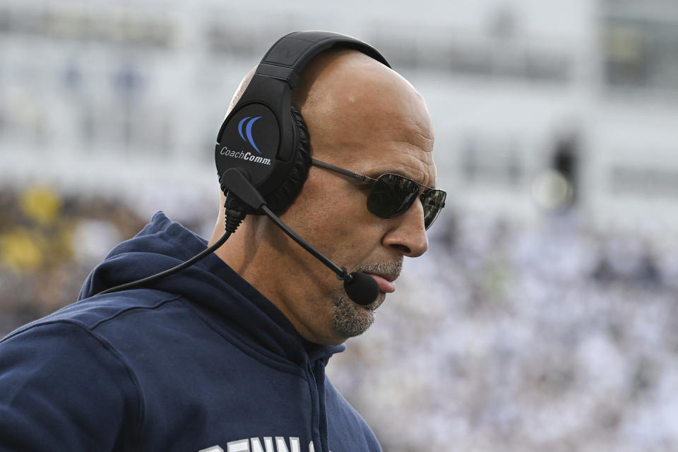 Penn State head coach James Franklin reacts during an NCAA college football game against Michigan, Saturday, Nov.11, 2023, in State College, Pa. (AP Photo/Barry Reeger)