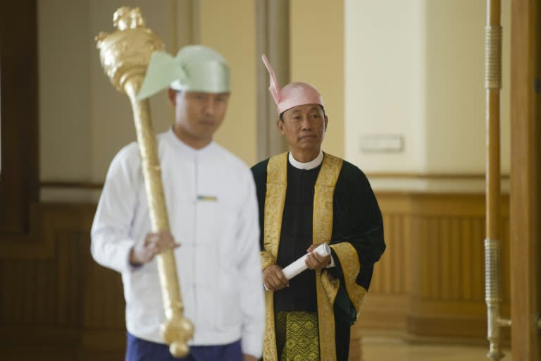 Myanmar's Speaker of the Union Parliament Shwe Man attends the last day of the Union parliament regular session in Naypyidaw on January 29, 2016