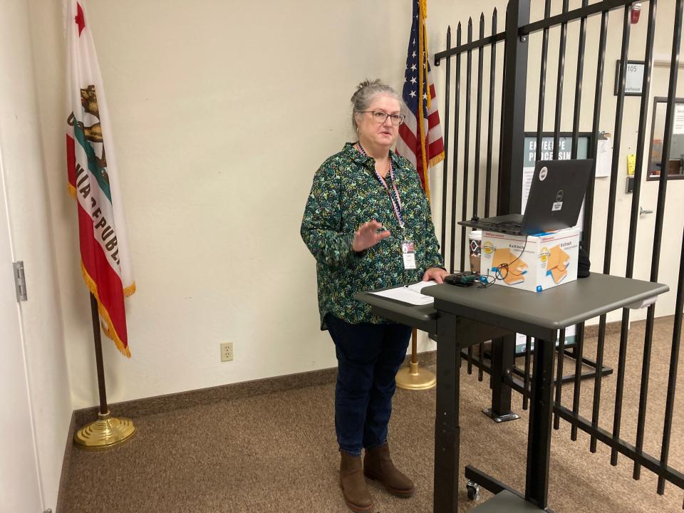 Shasta County Registrar of Voters Cathy Darling Allen addresses the media during a Monday, Nov. 6, 2023, news conference.