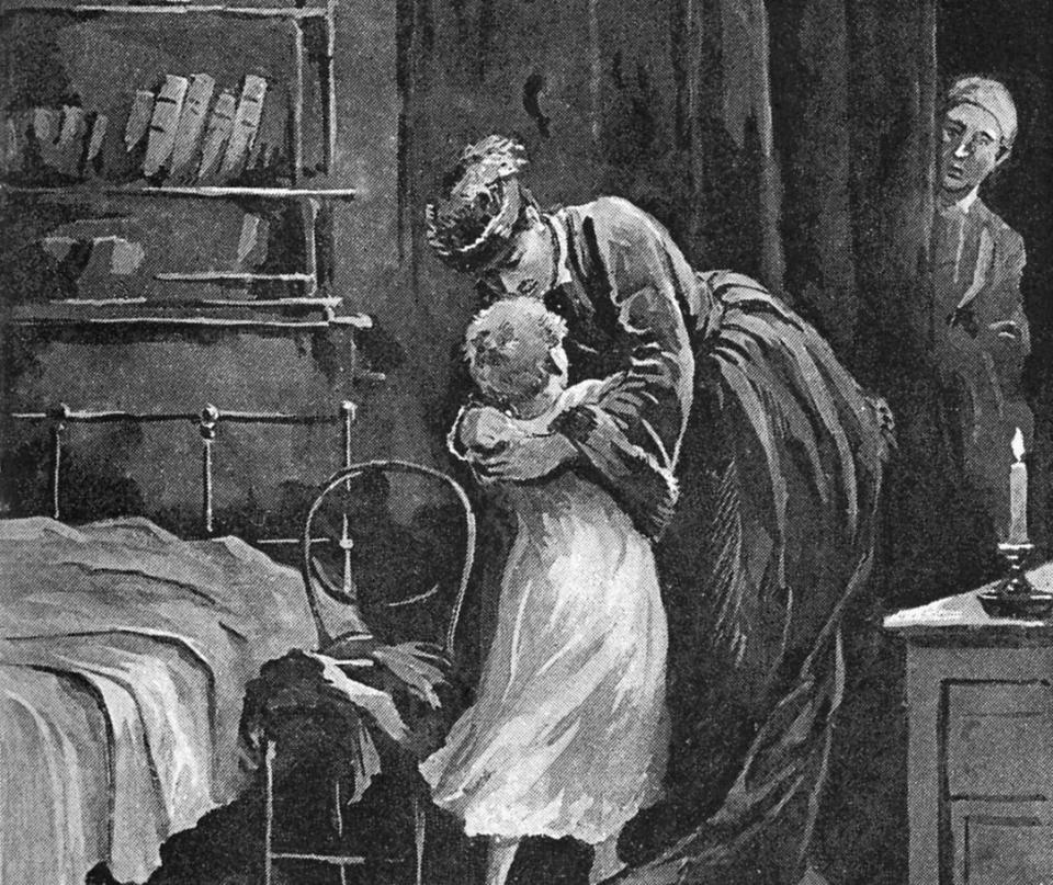 An illustration of a scene from Anna Karenina where a child holds onto an adult