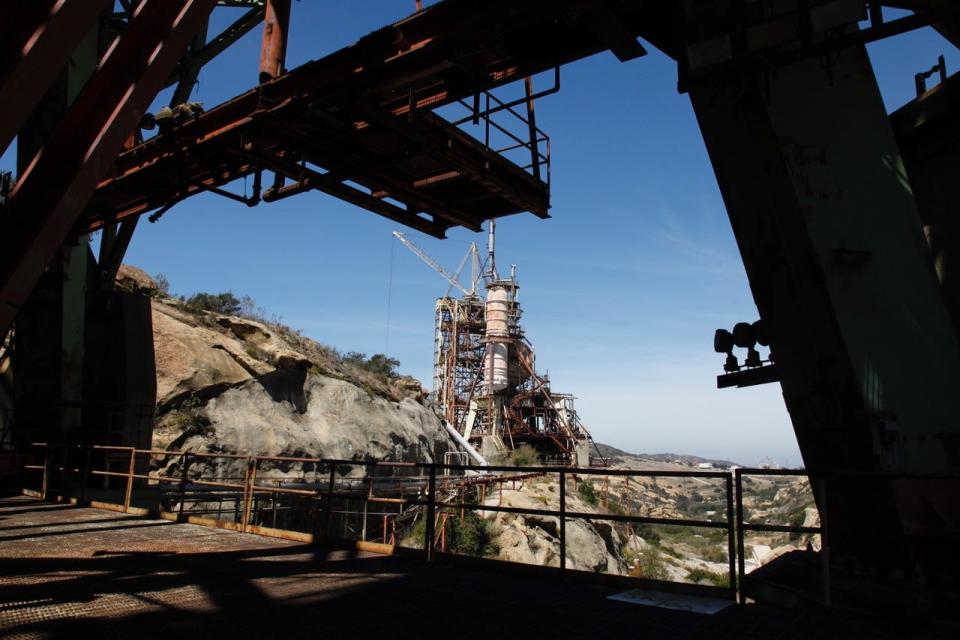 The Coca III test stand as seen from the Coca IV stand at the Santa Susana Field Laboratory.