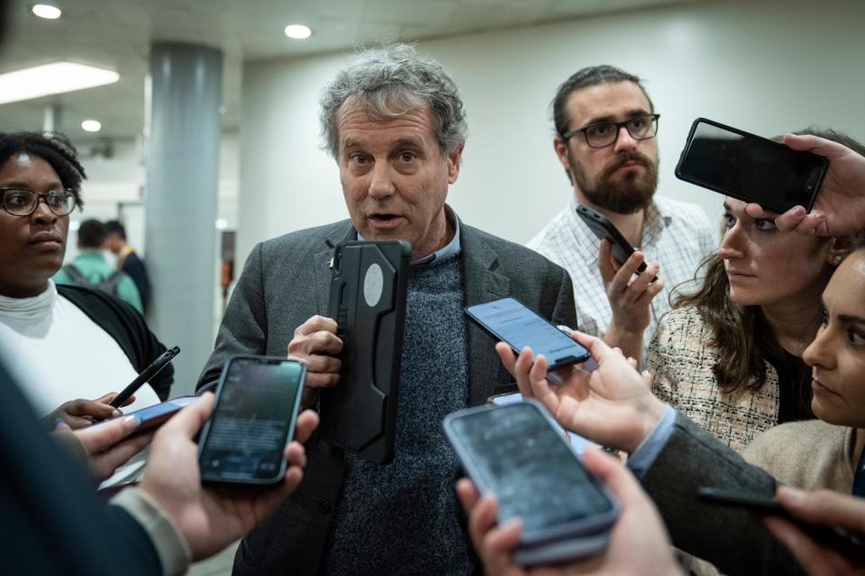 Senate Banking Committee chairman Sen. Sherrod Brown (D-OH) speaks at the U.S. Capitol March 14, 2023 in Washington, DC.