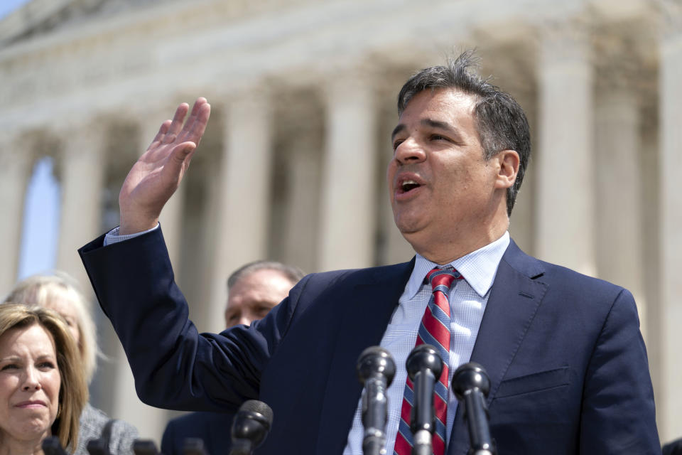 Idaho Attorney General Raúl Labrador talks to reporters outside the Supreme Court, Wednesday, April 24, 2024, in Washington. (AP Photo/Jose Luis Magana)