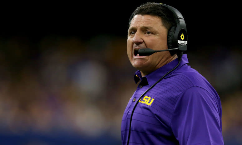 Ed Orgeron shouts during a game against BYU.