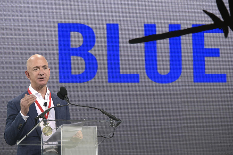 Amazon CEO Jeff Bezos addresses reporters and guests during a news conference unveiling the new Blue Origin rocket at the Cape Canaveral Air Force Station in Cape Canaveral, Fla., Tuesday, Sept. 15, 2015. Bezos announced a $200 million investment to build the rockets and capsules in the state and launch them using the historic Launch Complex 36. (AP Photo/Phelan M. Ebenhack)