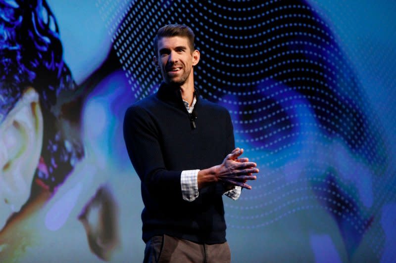 Michael Phelps speaks at the Panasonic press conference in 2020. File Photo by James Atoa/UPI