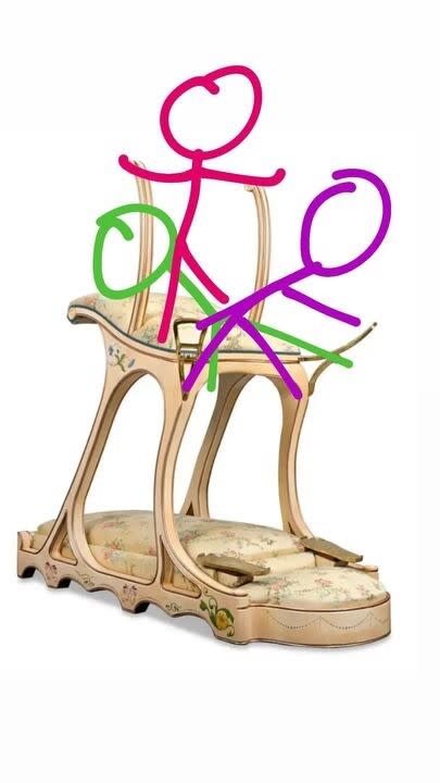 Three stick figures drawn atop a vintage ornate chair: one standing upright, another seated, and the third lying across the seat