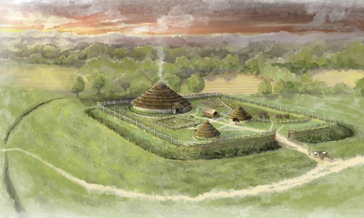 <span>An artist's impression of an iron age farmstead enclosure on Attingham Estate in Shropshire.</span><span>Photograph: Jennie Anderson/National Trust/PA</span>