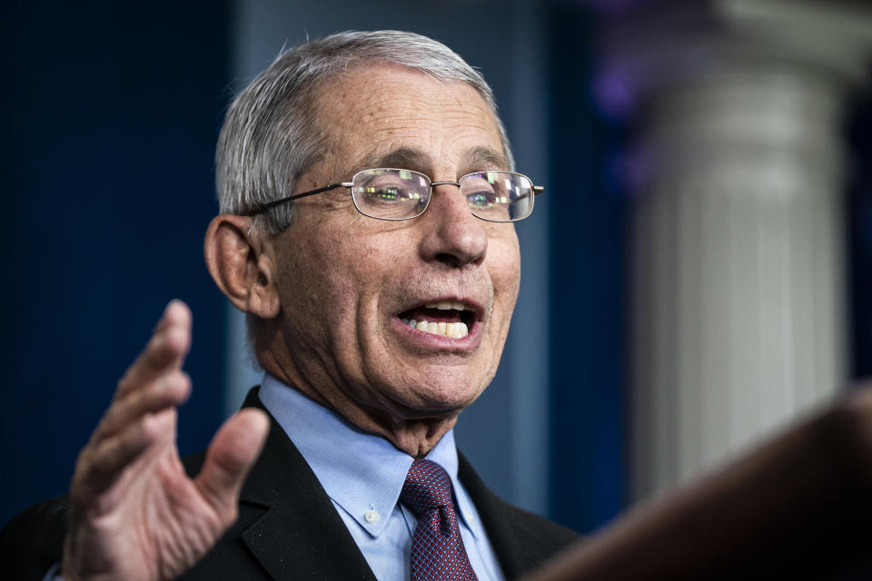 Fauci speaks during a briefing on the COVID 19 pandemic response at the White House in 2020.
