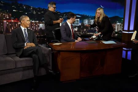 U.S. President Barack Obama gets ready for a taping of Jimmy Kimmel Live! in the Hollywood neighborhood of Los Angeles, California, U.S., October 24, 2016. REUTERS/Marcus Yam/POOL