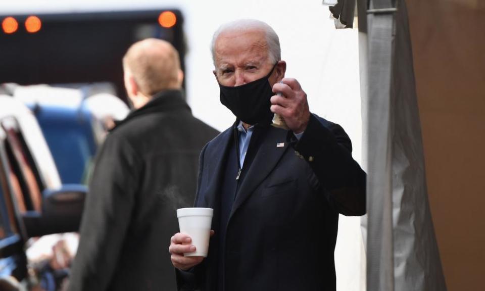 Biden leaves after meeting with transition advisers at the Queen theater in Wilmington, Delaware on Monday.