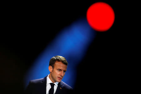 French President Emmanuel Macron and German Chancellor Angela Merkel speak to reporters ahead of their meeting in Berlin, Germany, November 18, 2018. REUTERS/Fabrizio Bensch