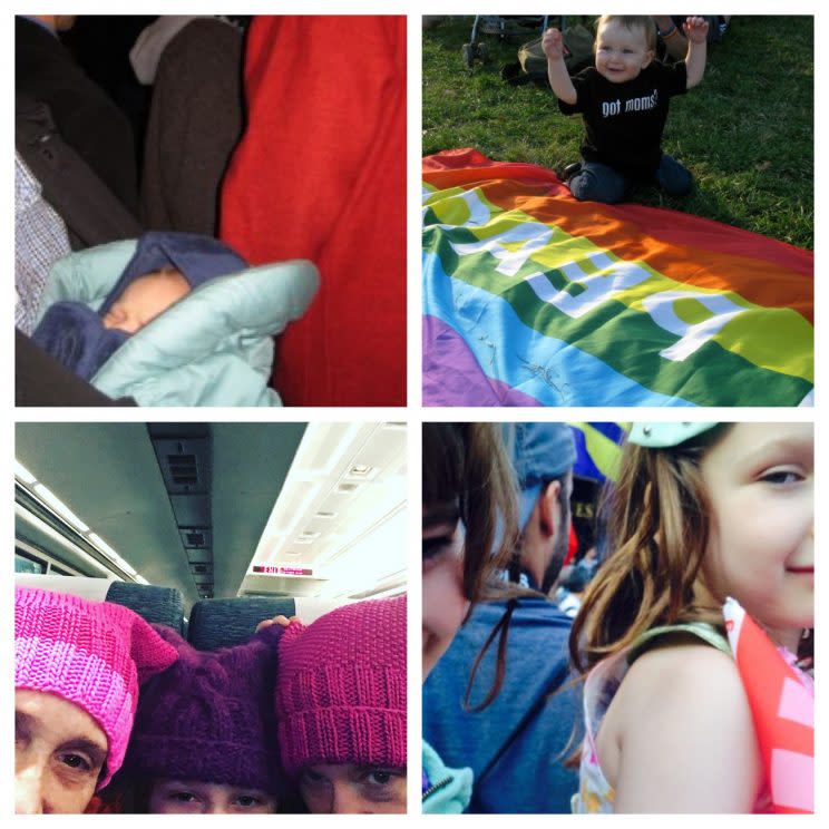 Clockwise from top left: My daughter at her first protest march, against Prop. 8, in 2008; at the National Equality March, also in 2008; celebrating the SCOTUS decision to make marriage equality the law of the land in 2015; the three of us on our way to the Women's March on over the weekend. (Photos courtesy of the author)