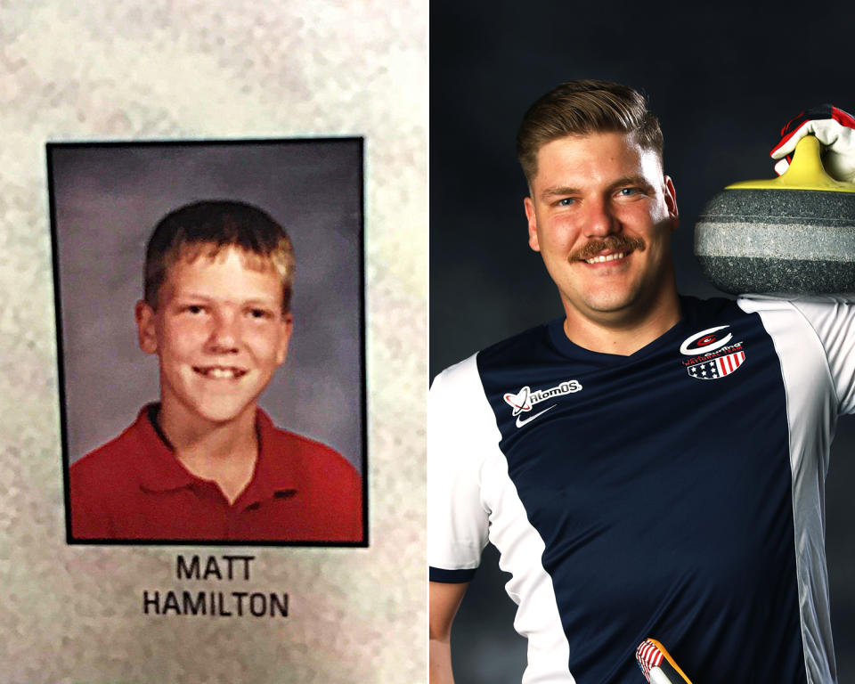 <p><strong>THEN:</strong> Middle-school student Matt Hamilton.<br><strong>NOW:</strong> He and his sister Becca are the first U.S. team to compete in the first-ever mixed doubles curling event.<br> (Photo via Instagram/hamscurl, Photo by Ezra Shaw/Getty Images) </p>