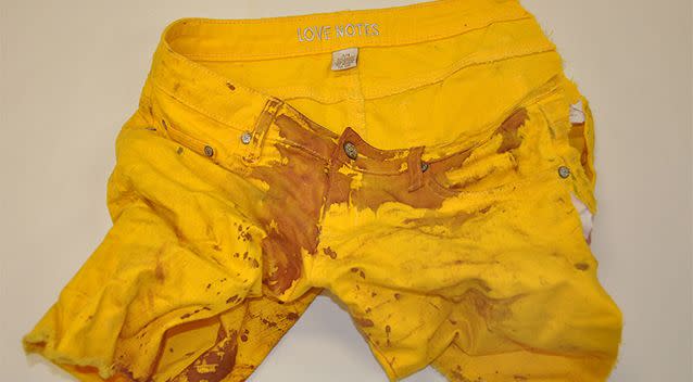 Leutner's yellow pants were also covered in blood after the 2014 attack. Source: Waukesha Police Department