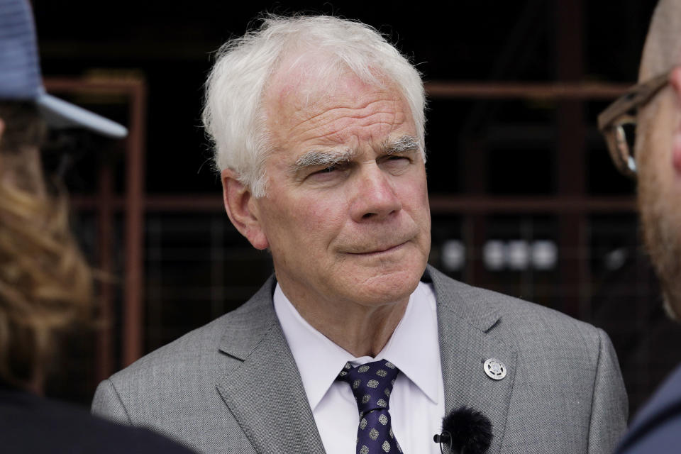 FILE - Oklahoma Attorney General John O'Connor speaks to reporters following a campaign event, Tuesday, May 31, 2022, in Oklahoma City. O’Connor is asking the Oklahoma Court of Criminal Appeals to set execution dates for 25 death row inmates, including Coddington. (AP Photo/Sue Ogrocki, File)