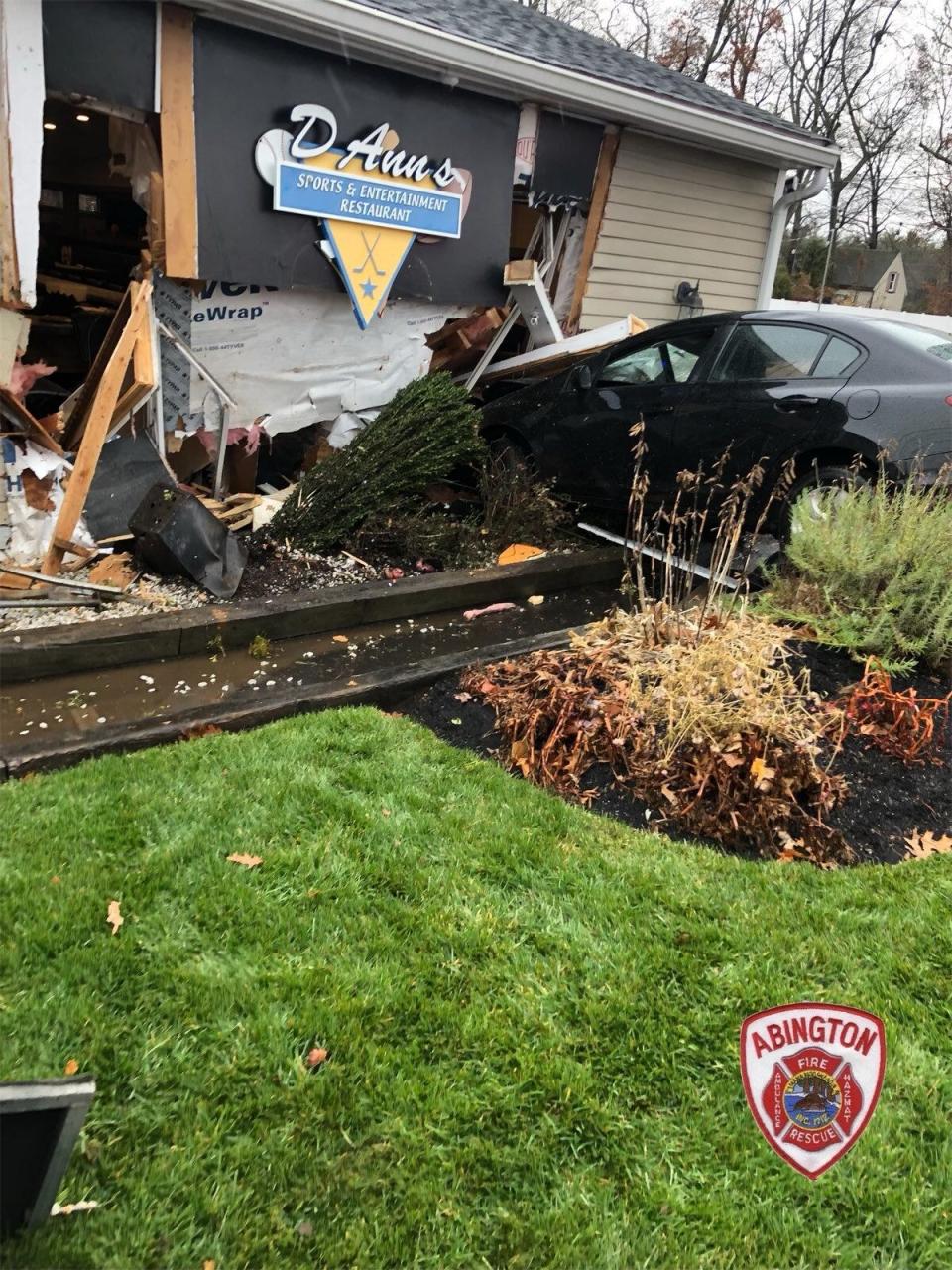 A car crashed into the side of D'Ann's restaurant in Abington on Monday morning, Nov. 22, 2021, before it opened for the day.