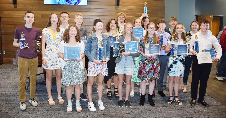 Special award winners in the Great Plains Lutheran High School Spring Awards Banquet include, from left in front, Emma Kanzenbach, Halle Bauer, Kyrie Roberts, Lydia Jarcik, Addison Walkins and Parker Walkins; middle, Aadyn Crowley, Catharine Neumann, Micah Holien, Carter Hinners, Norah Kratz, Claire Marcus, Sawyer Johnson and Daria Poor; and back, RJ Perry, Brianna Cordle and Barrett Pommer. Not pictured are Olivia Zanto, Sophie Kannas and Haylee Cowles.