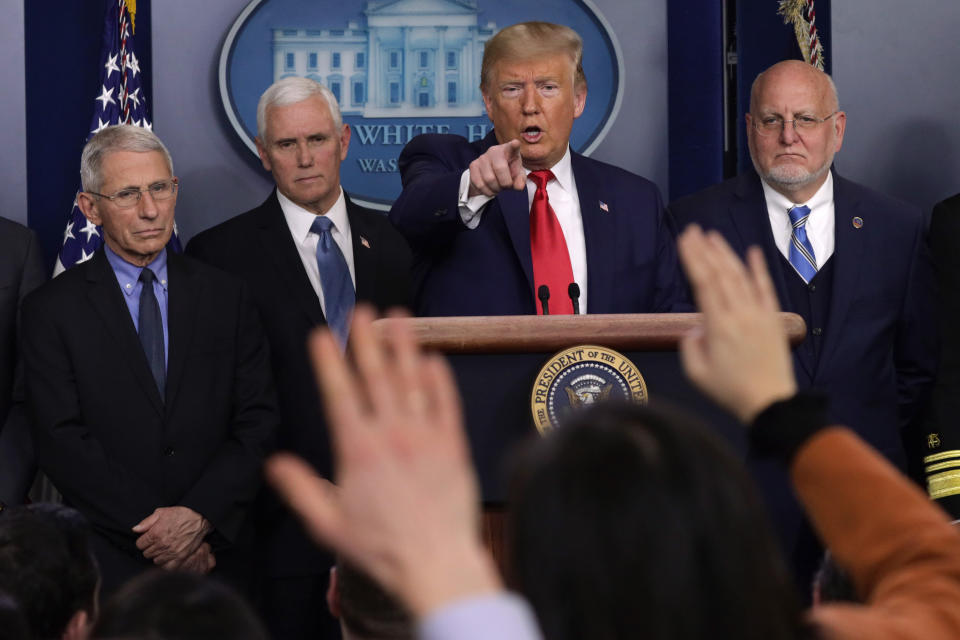 Then-President Donald Trump is seen speaking at a press conference in February 2020. A review of the Centers for Disease Control and Prevention found not all coronavirus guidance issued by the department during the Trump administration was primarily authored by the agency's staff. (Photo: Alex Wong via Getty Images)