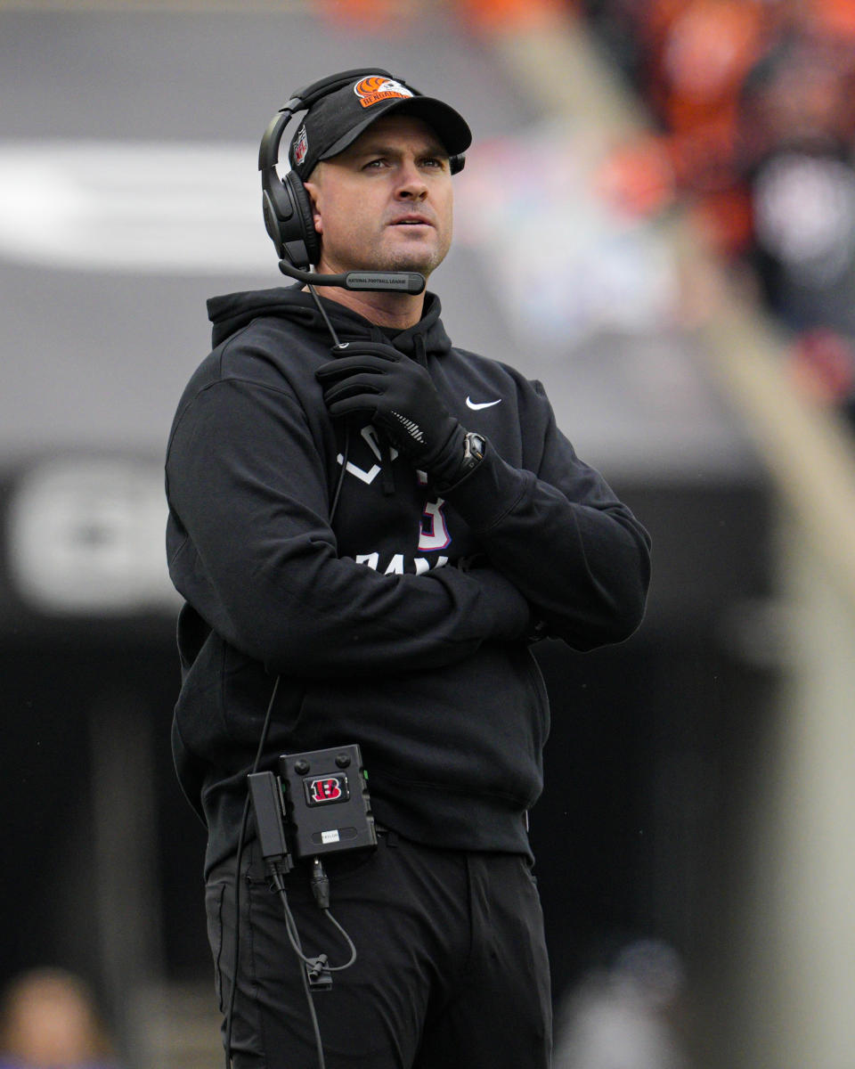 Cincinnati Bengals head coach Zac Taylor watches form the sideline in the first half of an NFL football game against the Baltimore Ravens in Cincinnati, Sunday, Jan. 8, 2023. (AP Photo/Jeff Dean)