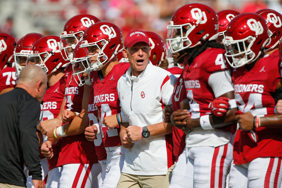 NORMAN, OKLAHOMA - SEPTEMBER 2:  Head coach Brent Venables of the Oklahoma Sooners leads his team down the field before a game against the Arkansas State Red Wolves at Gaylord Family Oklahoma Memorial Stadium on September 2, 2023 in Norman, Oklahoma.  (Photo by Brian Bahr/Getty Images)