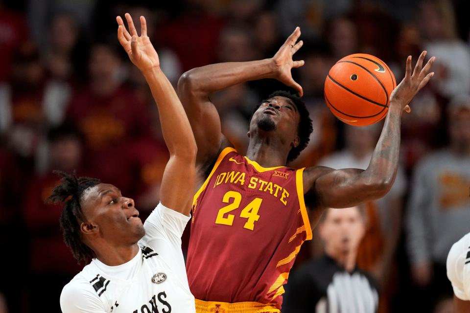 Iowa State's Hason Ward scraps for the ball against Lindenwood. He finished the night with six points.