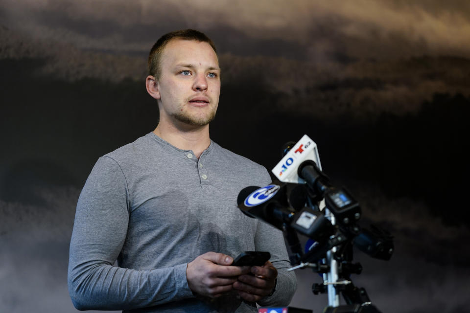 Andrei Doroshin speaks during a news conference in Philadelphia, Friday, Jan. 29, 2021. Philadelphia officials have shut down a COVID-19 vaccine clinic after concerns grew about Dorshin, the 22-year-old graduate student running the effort. (AP Photo/Matt Rourke)