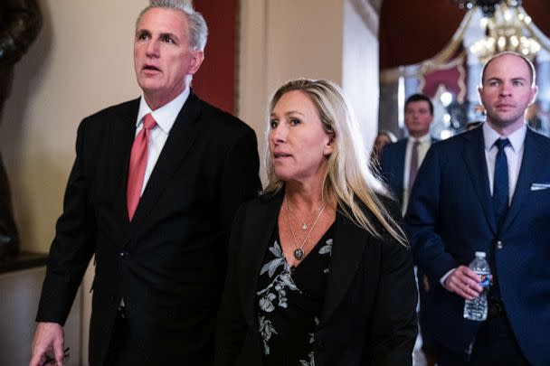 PHOTO: Rep. Marjorie Taylor Greene and Speaker of the House Kevin McCarthy walk together through the U.S. Capitol, Feb. 7, 2023. (Tom Williams/CQ-Roll Call via Getty Images)