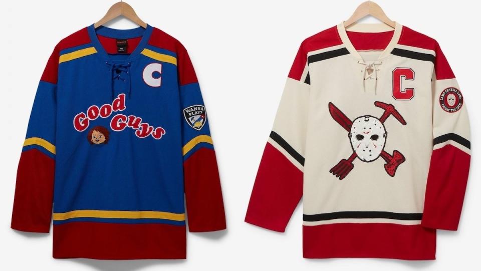 A blue Child's Play Chucky hockey jersey and a white and red Friday the 13th Jason Voorhees hockey jersey