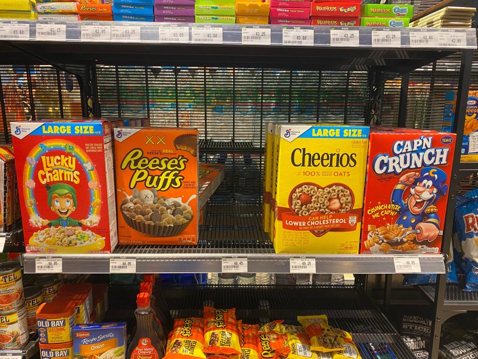 boxes of american breakfast cereals on the shelves at an irish store