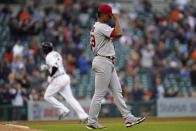 St. Louis Cardinals pitcher Johan Oviedo (59) reacts to allowing a Detroit Tigers' Jonathan Schoop, left, three-run home run in the fourth inning of a baseball game in Detroit, Tuesday, June 22, 2021. (AP Photo/Paul Sancya)