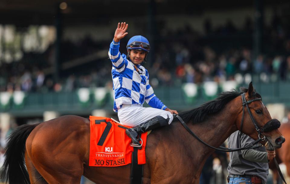 Jockey Luis Saez celebrates aboard Mo Stash after the pair won the Kentucky Utilities Transylvania Grade Three Stakes Friday afternoon at the Spring Meet opening at Keeneland.  April 7, 2023