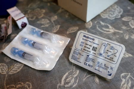 Insulin medical supplies are displayed on a table at Georgina' home in London