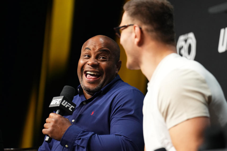 LAS VEGAS, NEVADA - MARCH 03: Former UFC two-division champion Daniel Cormier is seen on stage during the UFC 30th Anniversary Q&A session at MGM Grand Garden Arena on March 03, 2023 in Las Vegas, Nevada. (Photo by Chris Unger/Zuffa LLC via Getty Images)