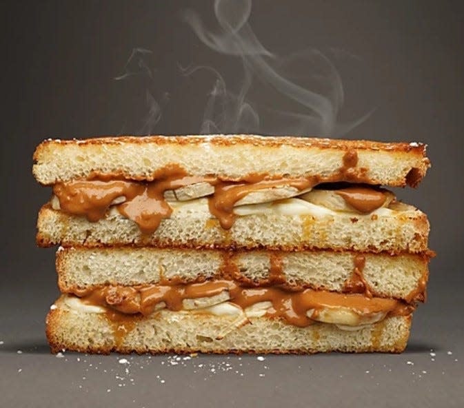 The Bananas Foster Melt is a signature dessert sandwich on the menu at Melty, an emerging gourmet-sandwich franchise with extra cheese.