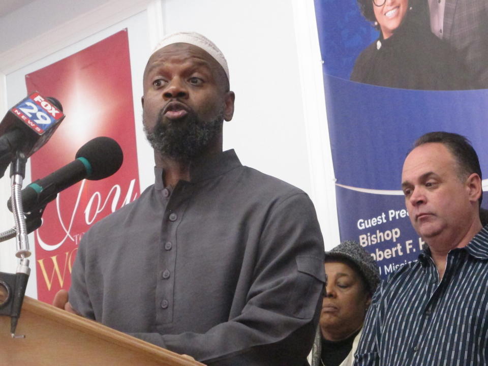 Amin Muhammad, imam of the Masjid Mohammed mosque in Atlantic City N.J. speaks at a church in the city on Jan. 15, 2020. Mayor Marty Small called a press conference to rally opposition to a proposed change of government that would eliminate an elected mayor. A vote has been set for March 31. (AP Photo/Wayne Parry)
