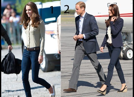 <strong>LOOK 1</strong>: Boarding a sea plane in Yellowknife, Canada, wearing Sebago boat shoes.  <br>  <br> <strong>LOOK 2</strong>: Boarding a plane in Yellowknife, Canada on July 6, 2011, wearing a Smythe blazer and Pied à Terre wedges. (Getty photos)