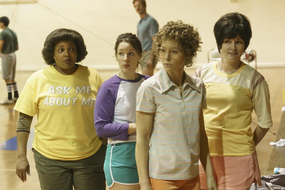 This image released by Hulu shows, from left, Sharon Conley, Jessie Mueller, Jessica Biel and Jamie Anne Allman in the series "Candy." (Hulu via AP)