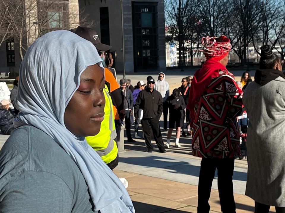Safiyah Suara at a rally in Nashville to protest a state bill that seeks to rename a part of John Lewis Way after Donald Trump on Feb. 18, 2023.